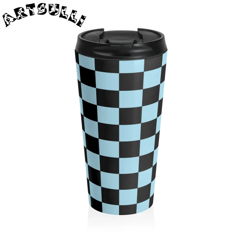 JAKKOUTTHEBXX Checkerboard Black and Blue Stainless Steel Travel Mug