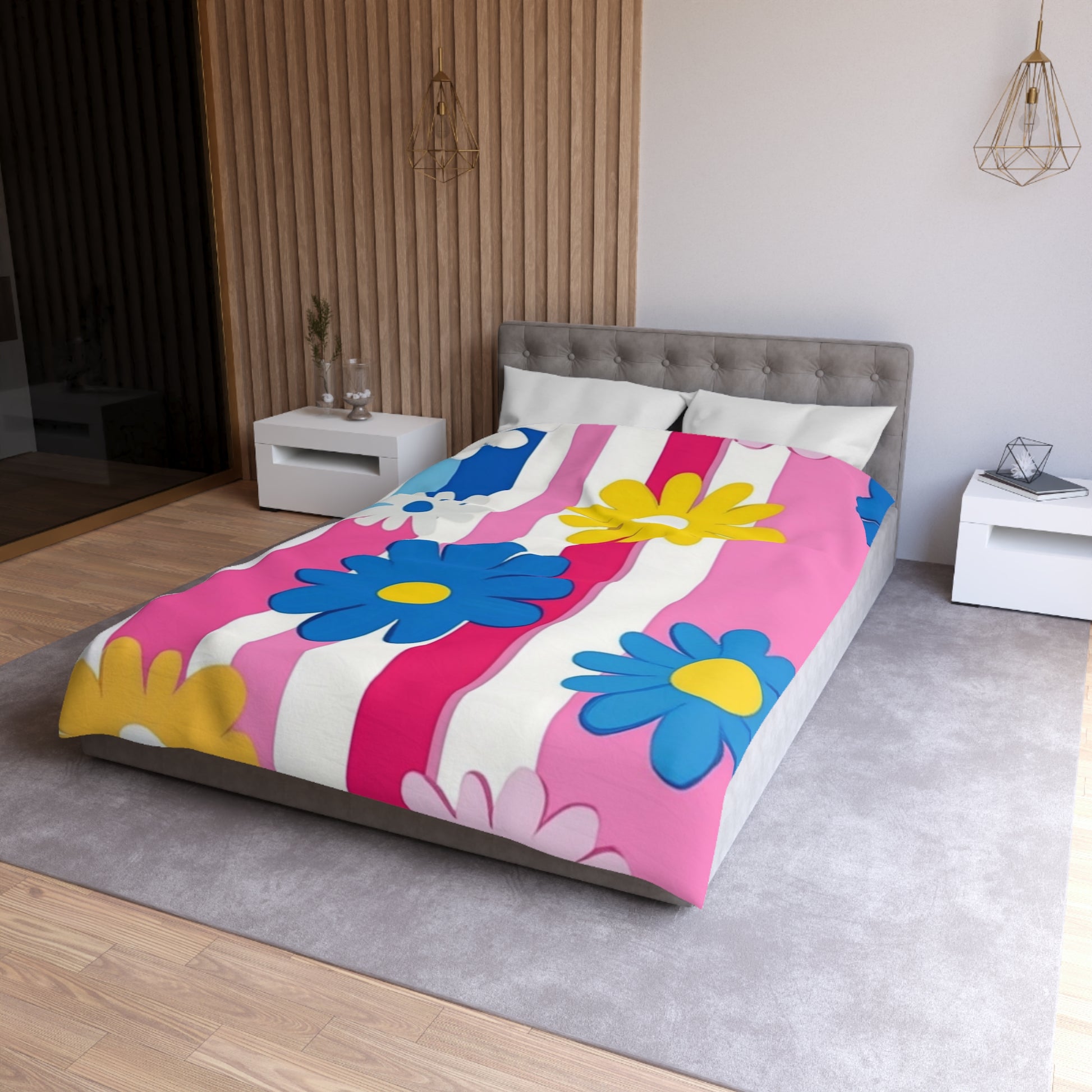 Flowers x Stripes Multi-Color Microfiber Duvet Cover, Artsulli - Art is Long, Life is Short, Home Decor, , , , , , , 