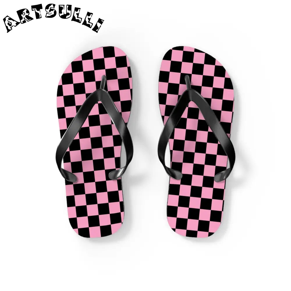 JAKKOUTTHEBXX Checkerboard Black and Pink Flip Flops JAKKOUTTHEBXX