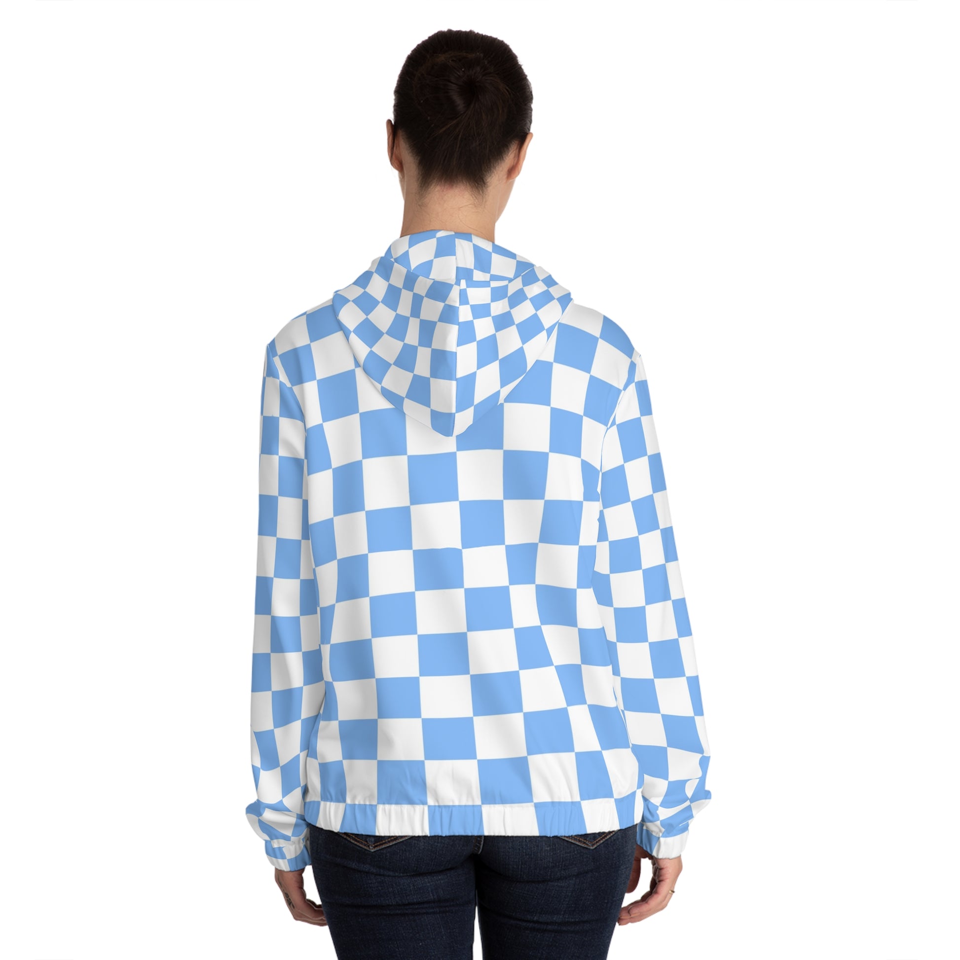 Checkerboard White and Light Blue Women’s Full-Zip Hoodie (AOP), Artsulli - Art is Long, Life is Short, All Over Prints, , , , , , , 