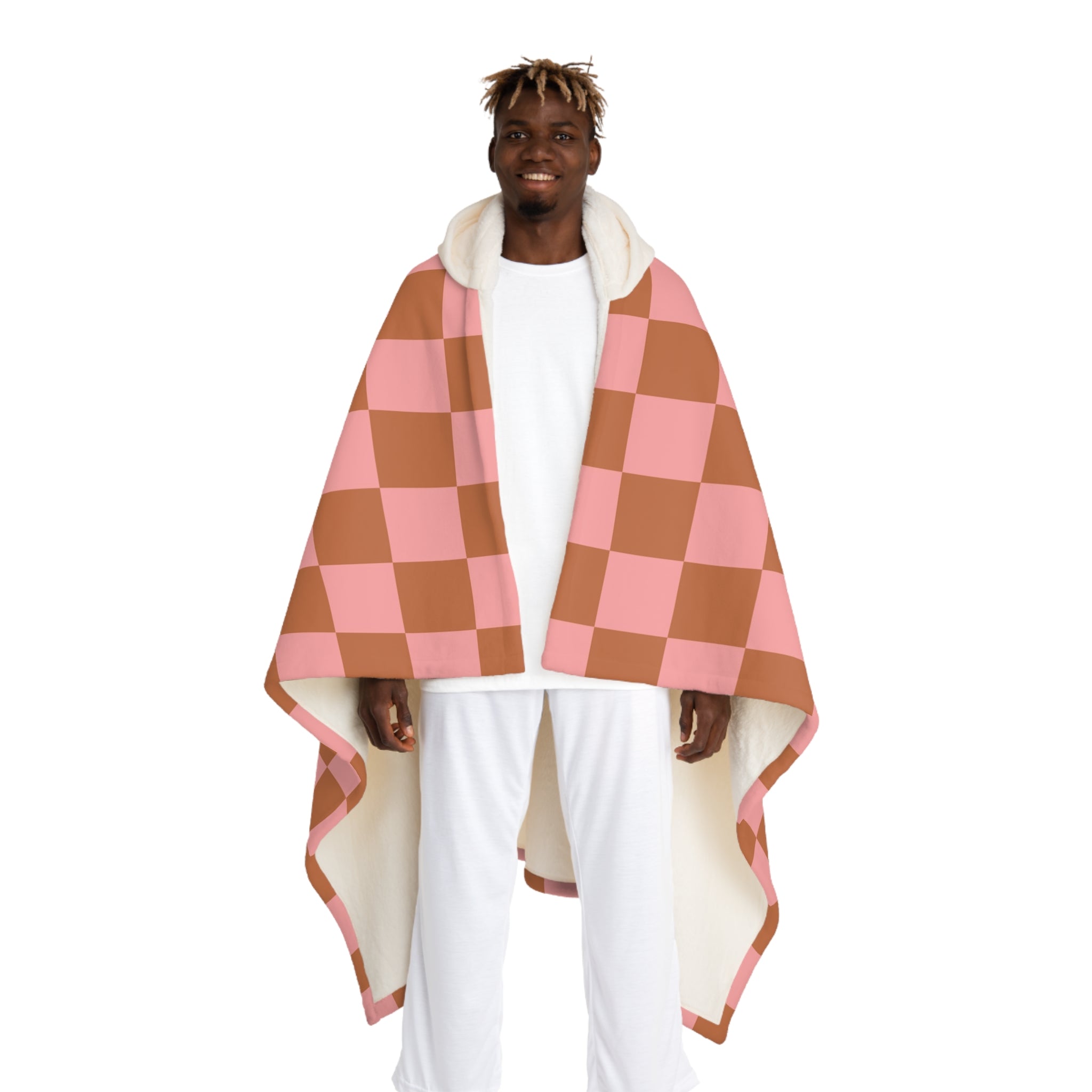 Chessboard II Pink and Brown  Hooded Sherpa Fleece Blanket, Artsulli - Art is Long, Life is Short, All Over Prints, Size, One size, Color, Cream, , , 84527332487003082328