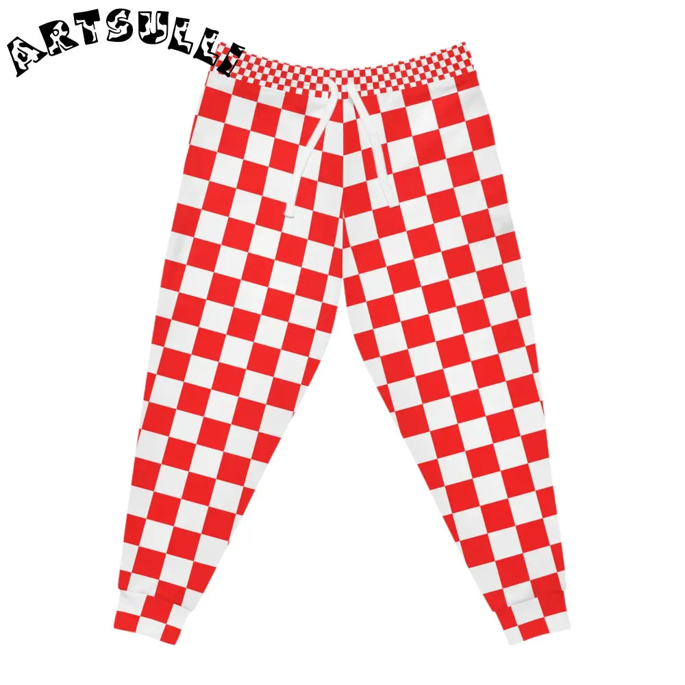 JAKKOUTTHEBXX Checkerboard Red and White Athletic Joggers (AOP)