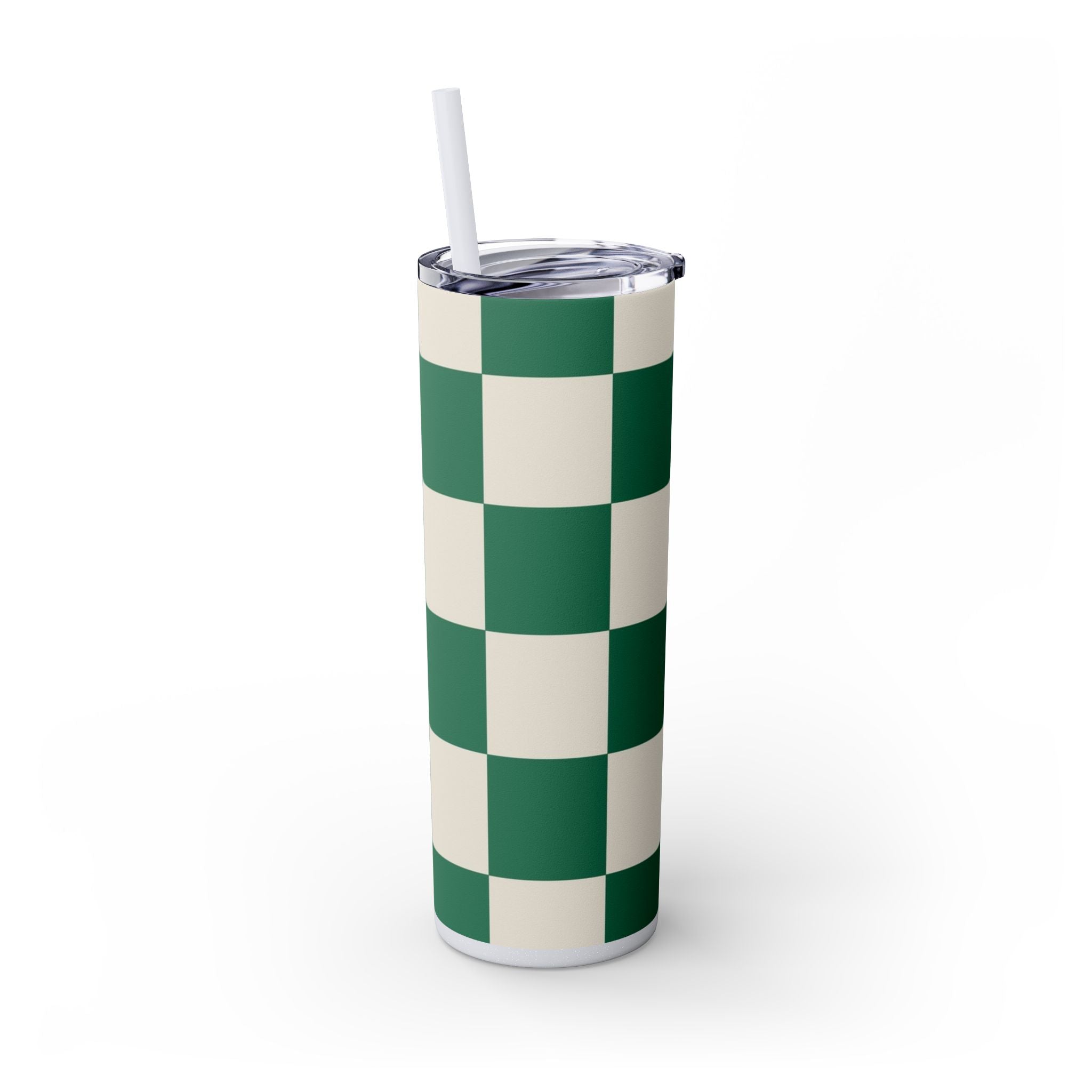 Checkerboard Dark Green Skinny Tumbler with Straw, 20oz, Artsulli - Art is Long, Life is Short, Mug, , , , , , , 