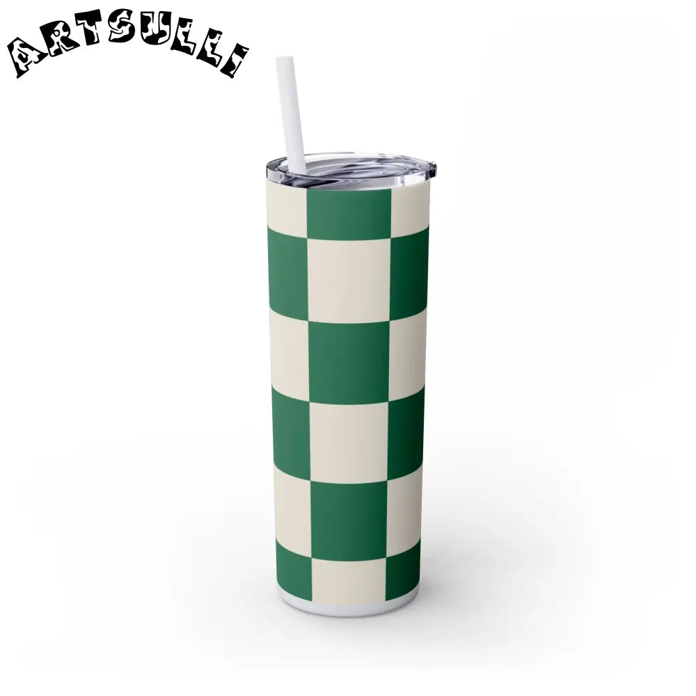 JAKKOUTTHEBXX Checkerboard Dark Green Skinny Tumbler with Straw 20oz