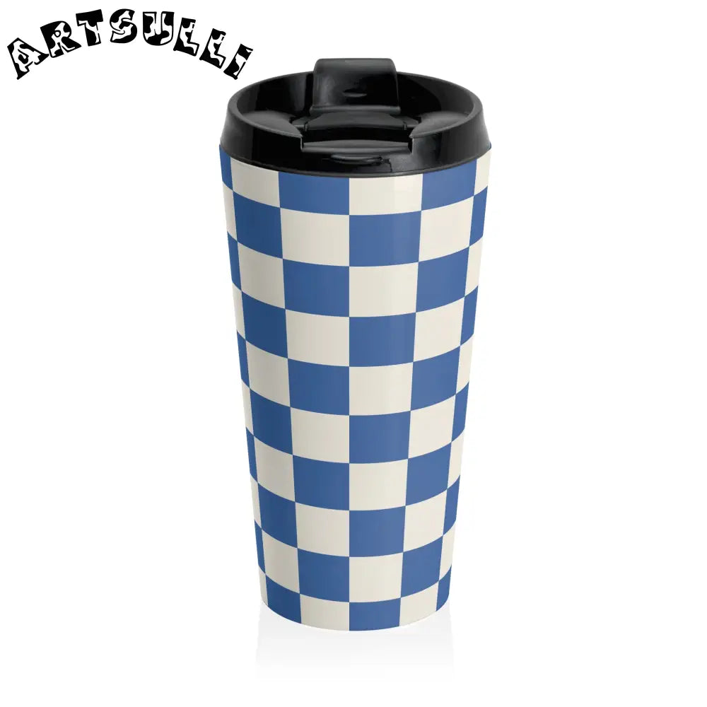 JAKKOUTTHEBXX Checkerboard Blue Stainless Steel Travel Mug