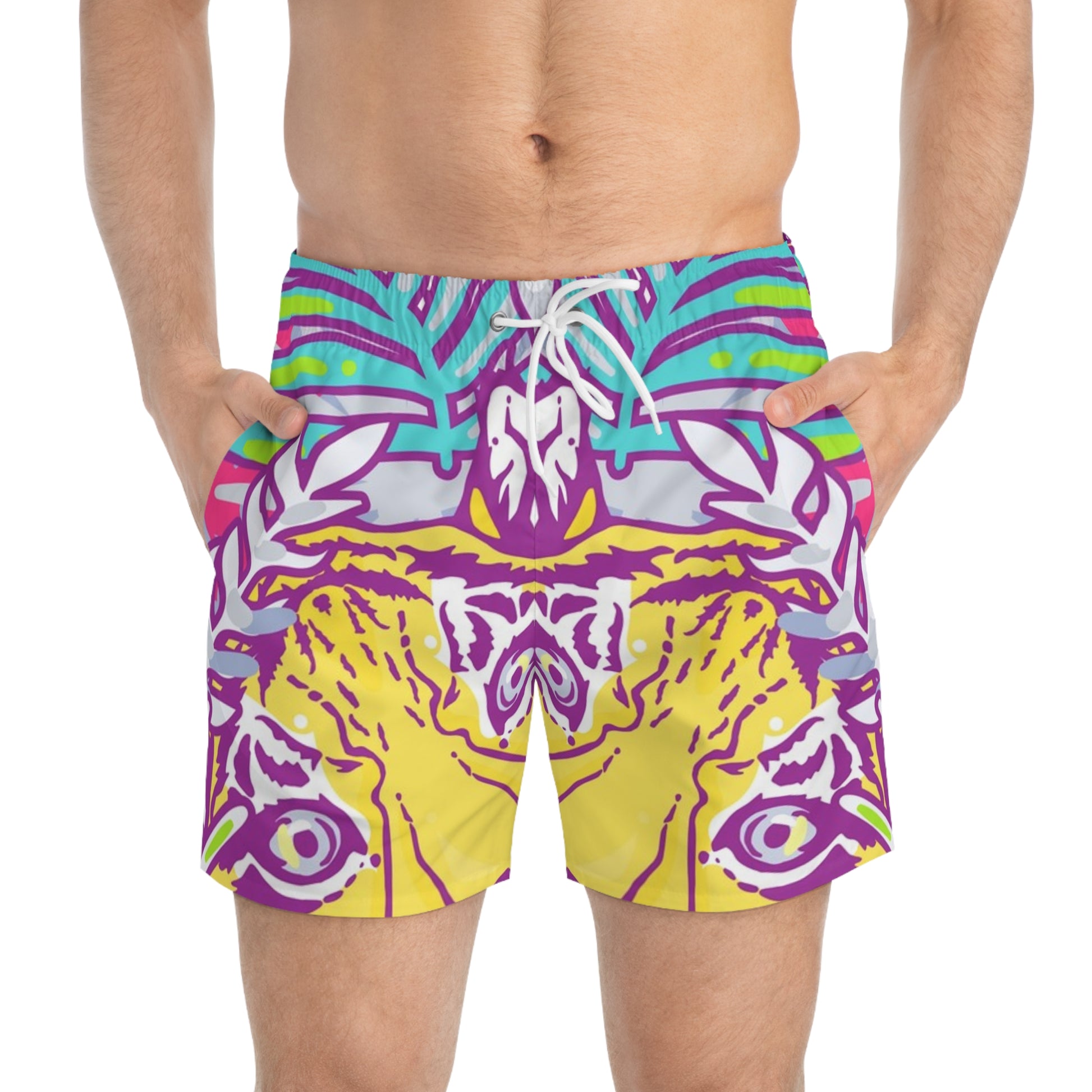 Tropical Jungle Tigers Torquise and Purple Swim Trunks (AOP), Artsulli - Art is Long, Life is Short, All Over Prints, , , , , , , 