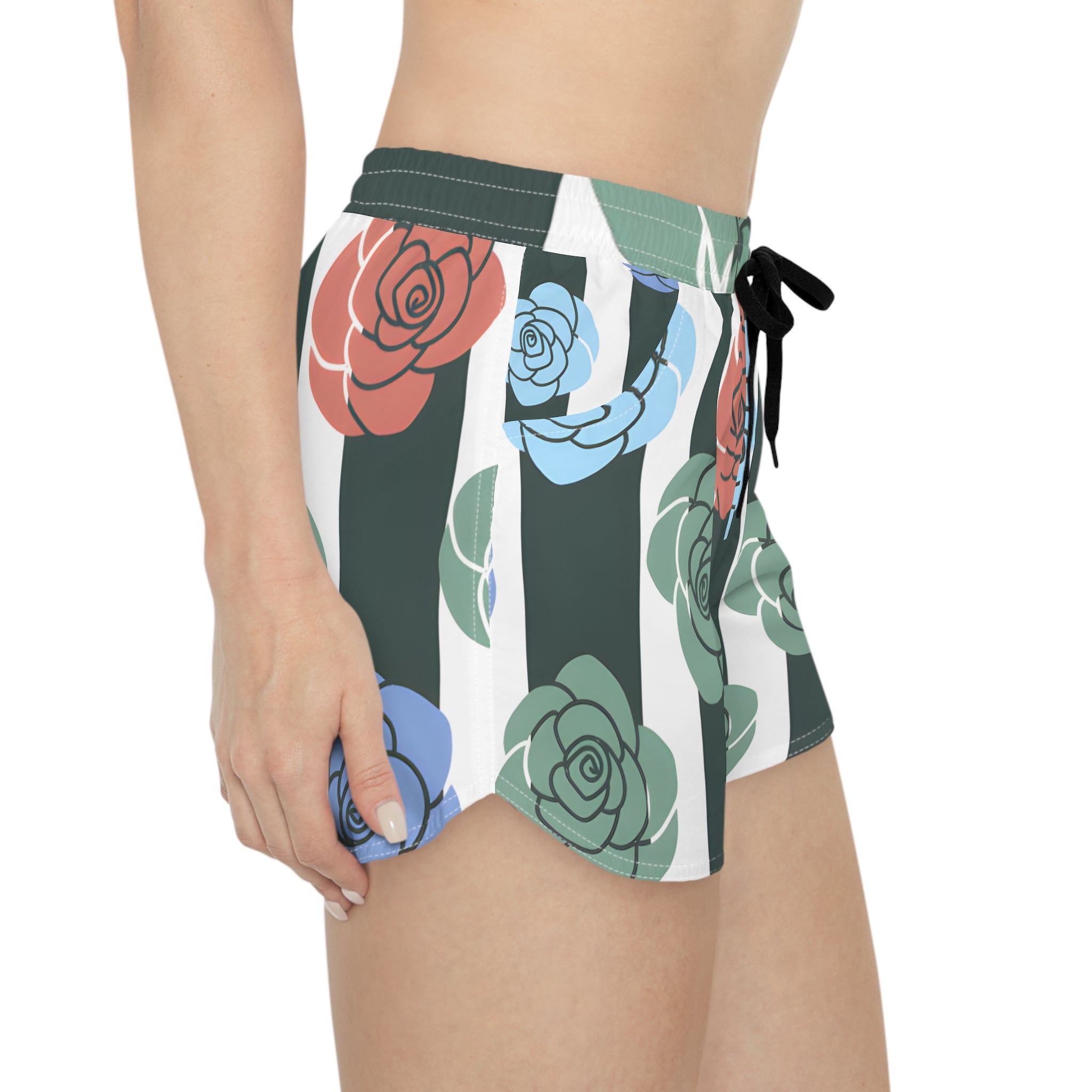Stripes x Roses Black and White Women's Casual Shorts (AOP), Artsulli - Art is Long, Life is Short, All Over Prints, , , , , , , 