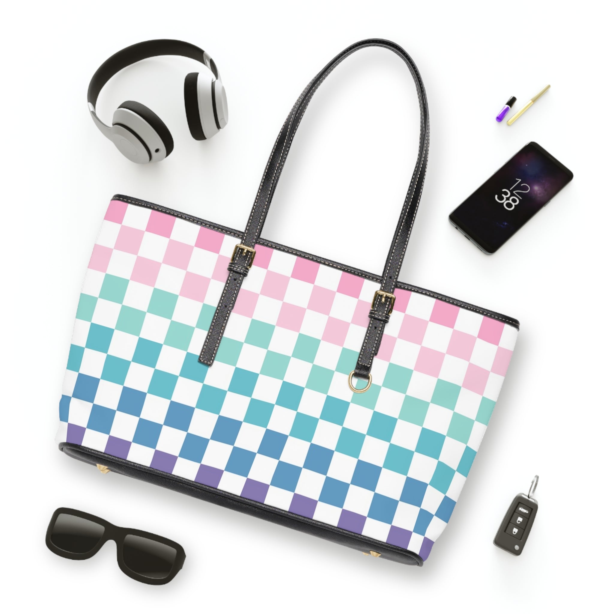 Vaporwave Rainbow  Checkerboard Multi-Color PU Leather Shoulder Bag, Artsulli - Art is Long, Life is Short, Bags, , , , , , , 