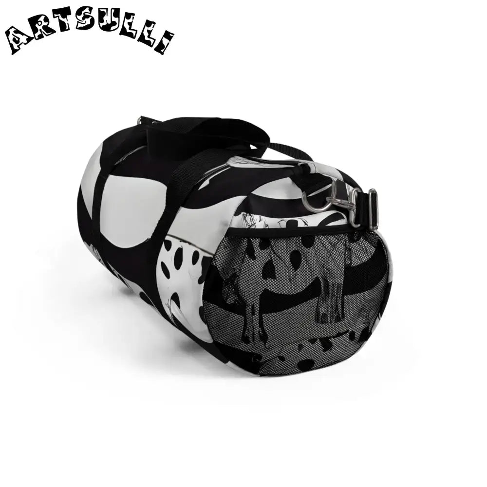 JAKKOUTTHEBXX Black and White Patterned Duffel Bags with Shoulder