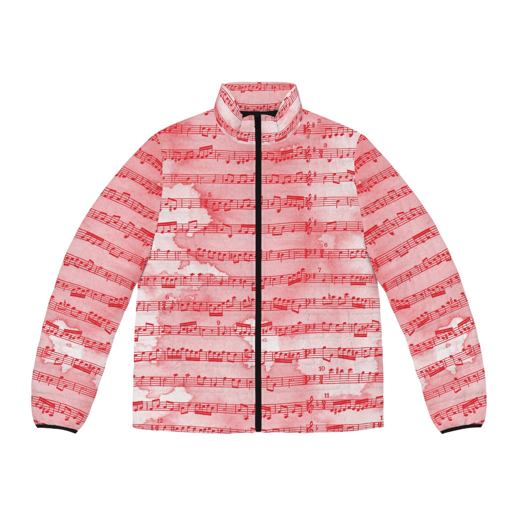 Drip Spill Type Beat Sheet Music Red Men's Puffer Jacket (AOP), Artsulli - Art is Long, Life is Short, All Over Prints, Size, S, Color, Black zipper, , , 18843948099136592945