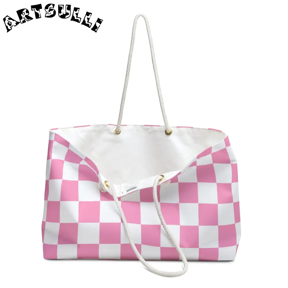 JAKKOUTTHEBXX Checkerboard Hot Pink and White Weekender Bag