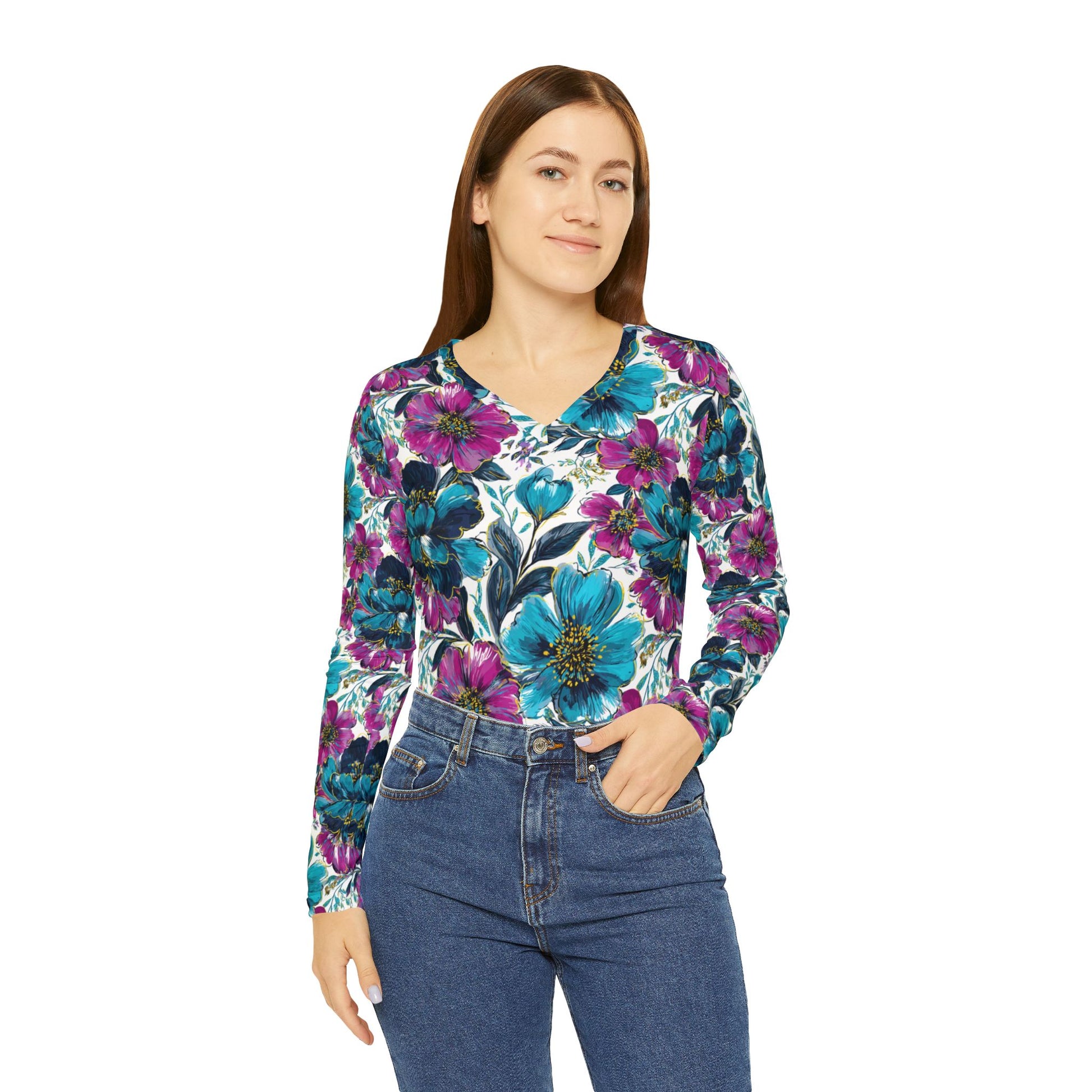 Women's Long Sleeve V-neck Shirt (AOP), Artsulli - Art is Long, Life is Short, All Over Prints, , , , , , , 