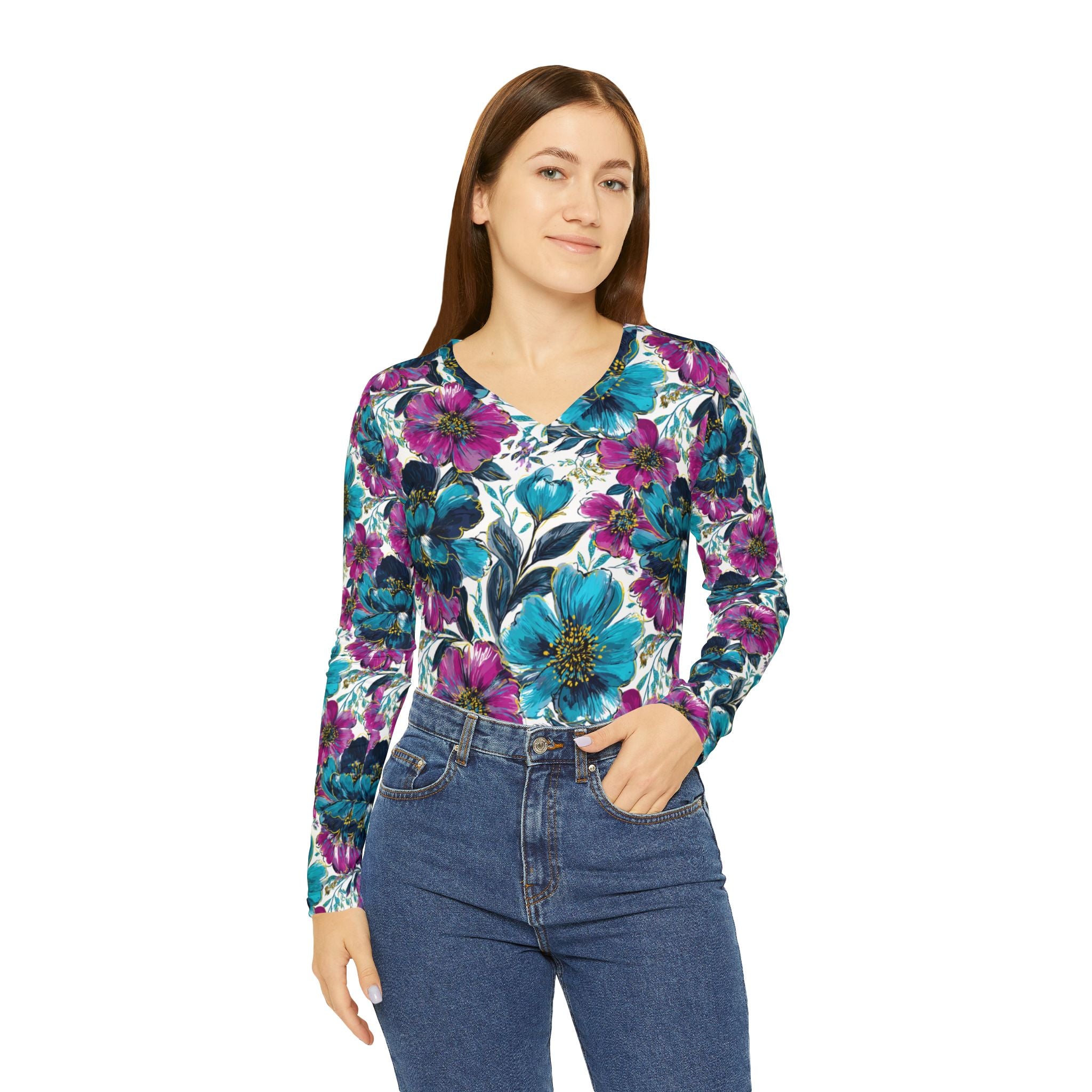 Women's Long Sleeve V-neck Shirt (AOP), Artsulli - Art is Long, Life is Short, All Over Prints, , , , , , , 