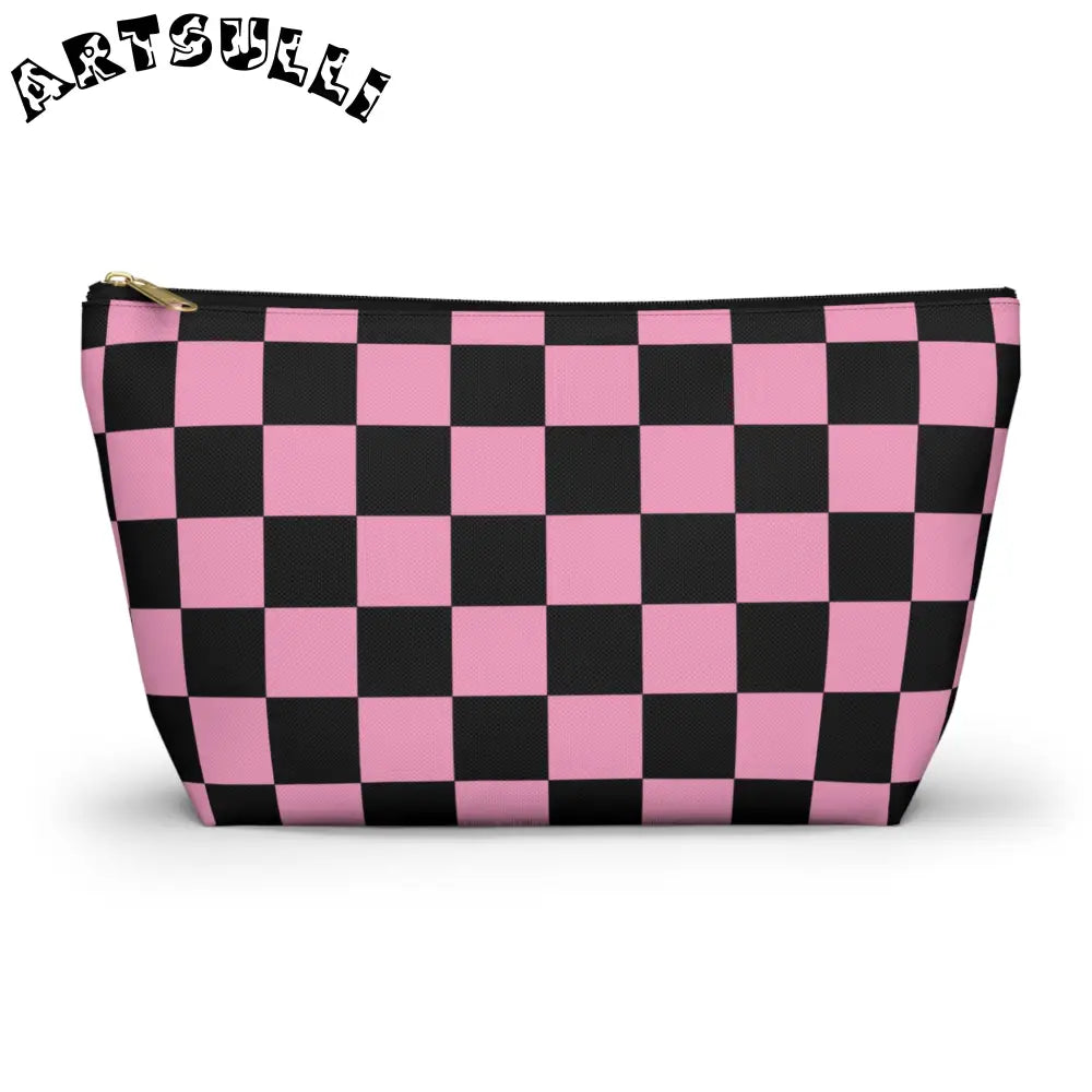 JAKKOUTTHEBXX Checkerboard Black and Pink Accessory Pouch w T-bottom