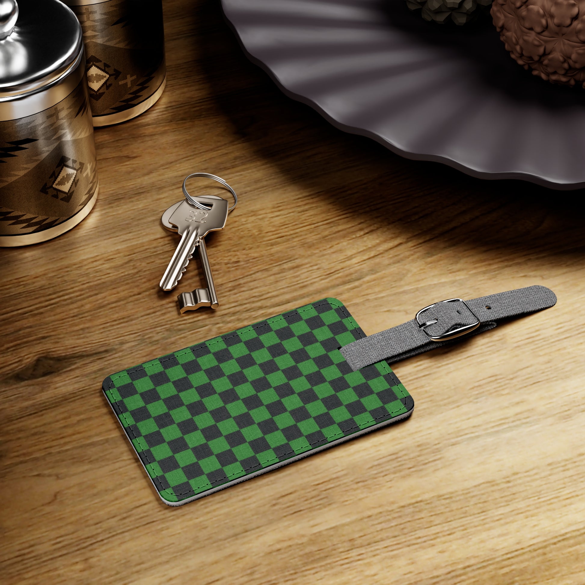 Checkerboard Green and Black Saffiano Polyester Luggage Tag, Rectangle, Artsulli - Art is Long, Life is Short, Accessories, , , , , , , 