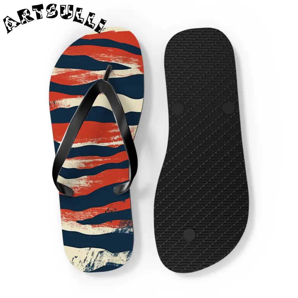 JAKKOUTTHEBXX Red White Blue Abstract Striped Flip Flops