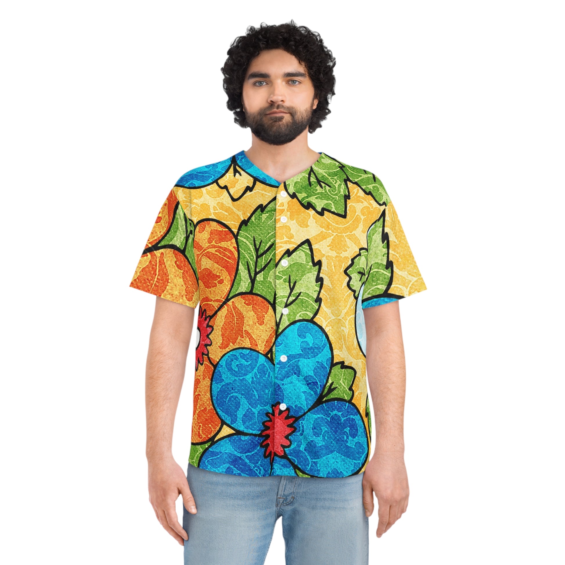 Groovy Yellow Floral Kl Men's Baseball Jersey (AOP), Artsulli - Art is Long, Life is Short, All Over Prints, , , , , , , 