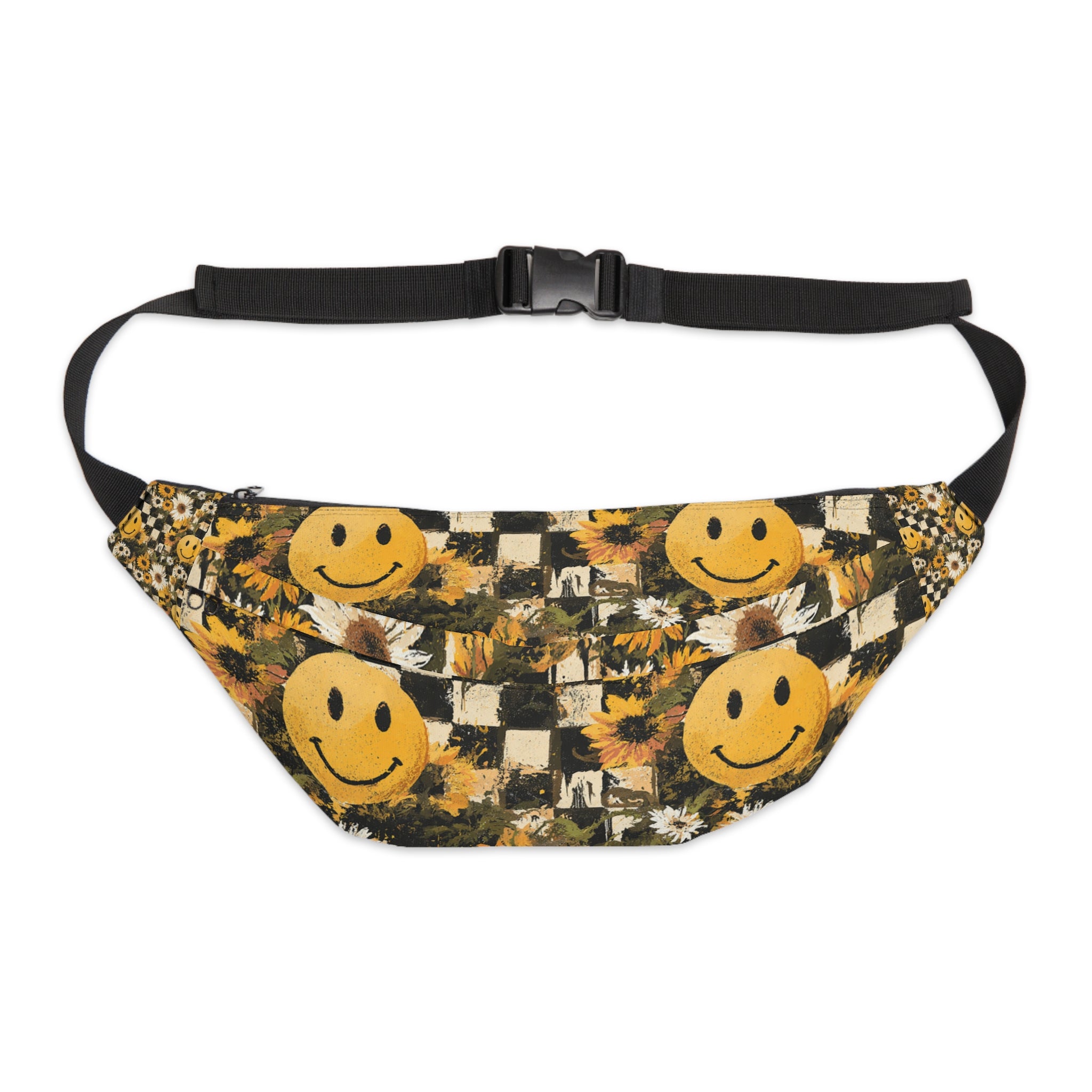Smiley Face x Checkerboard x Sunflowers x Trippy x Vintage Black and Yellow Large Fanny Pack, Artsulli - Art is Long, Life is Short, Bags, Size, 8" × 9" × 4'', , , , , 13229432414339543764