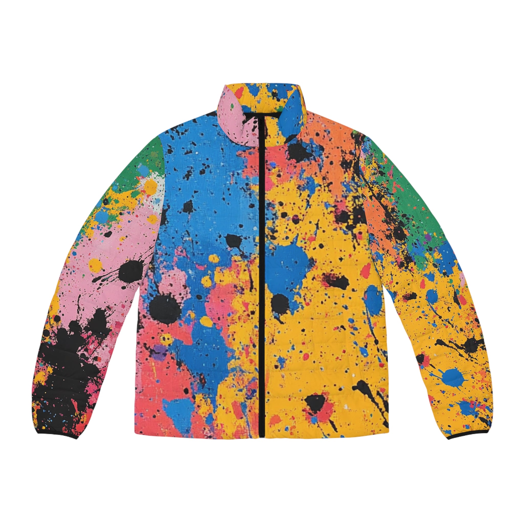 The Colors Of Paint Splatter Men's Puffer Jacket (AOP), Artsulli - Art is Long, Life is Short, All Over Prints, Size, S, Color, Black zipper, , , 12590598468970
