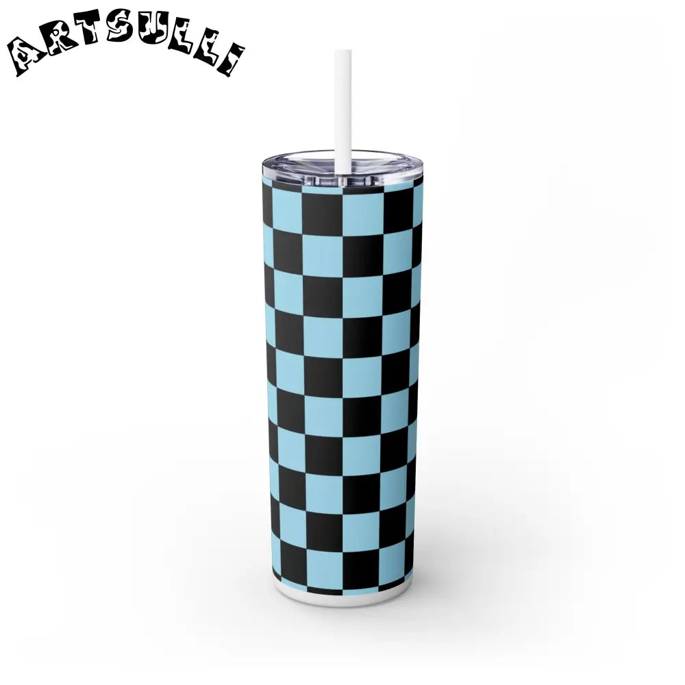 JAKKOUTTHEBXX Checkerboard Black and Blue Skinny Tumbler with Straw