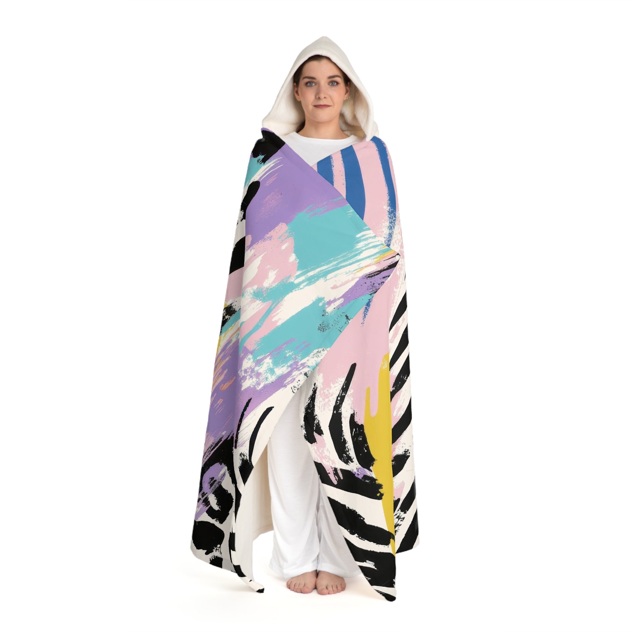 Wild Zebra Stripes x Paint Brush Strokes Multi-Color Hooded Sherpa Fleece Blanket, Artsulli - Art is Long, Life is Short, All Over Prints, , , , , , , 