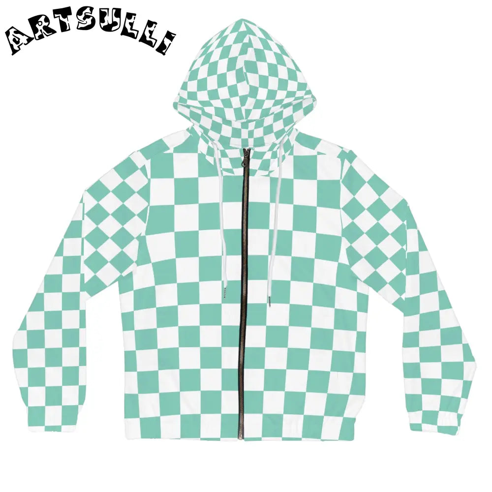 JAKKOUTTHEBXX Checkerboard Light Green Women’s Full-Zip Hoodie (AOP)