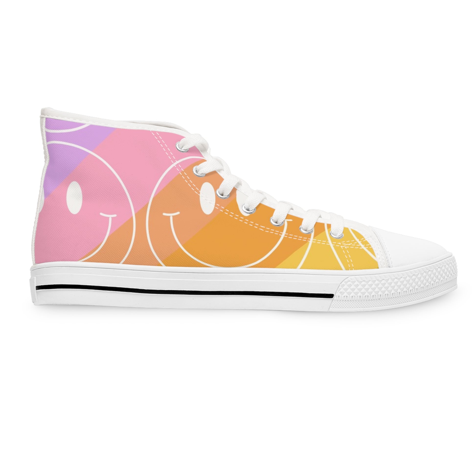 Smiley Face x Rainbow Stripes Multi-Color Women's High Top Sneakers, Artsulli - Art is Long, Life is Short, Shoes, , , , , , , 
