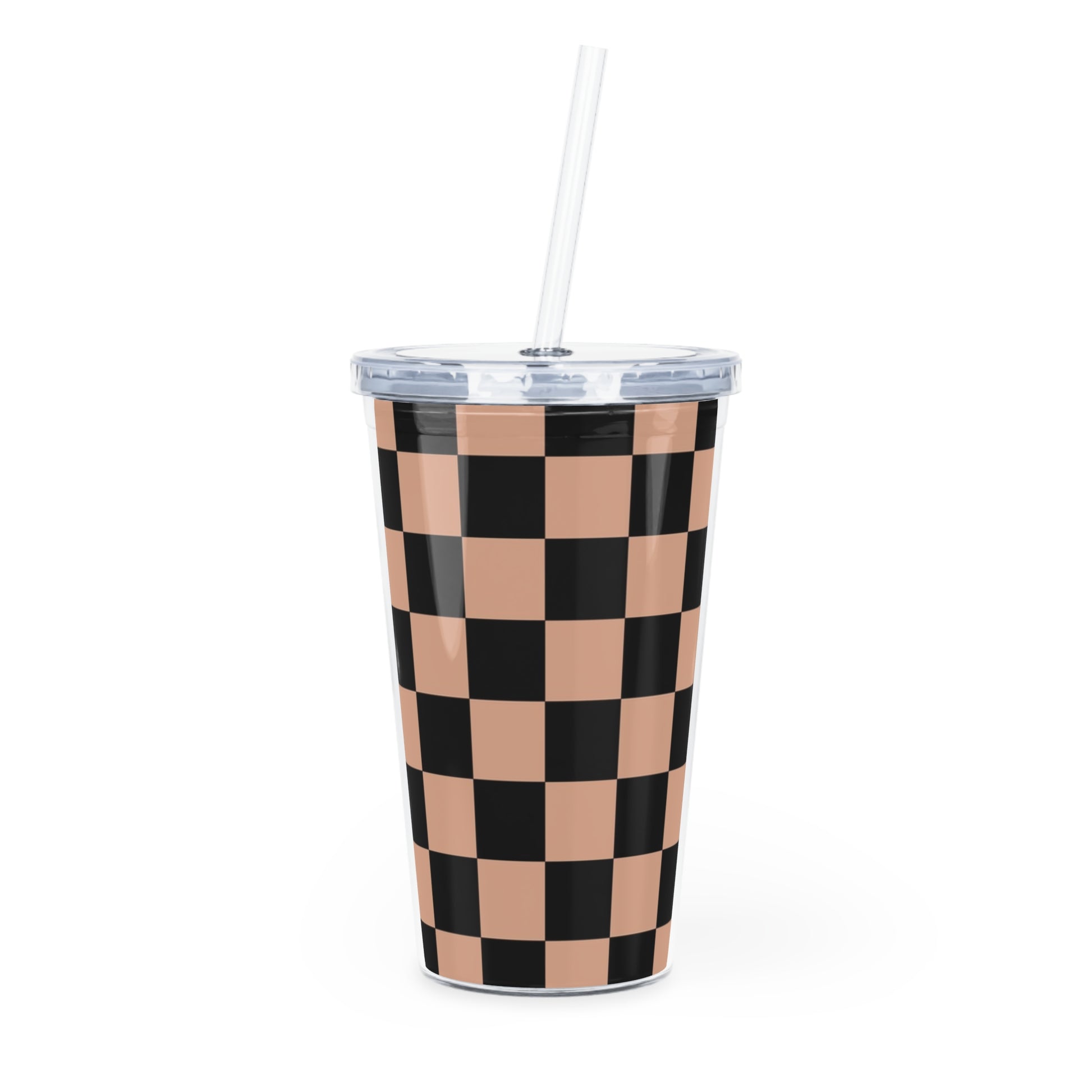 Checkerboard Soft Orange and Black Plastic Tumbler with Straw, Artsulli - Art is Long, Life is Short, Mug, Size, 20oz, Color, Transparent, , , 55974955335062368019