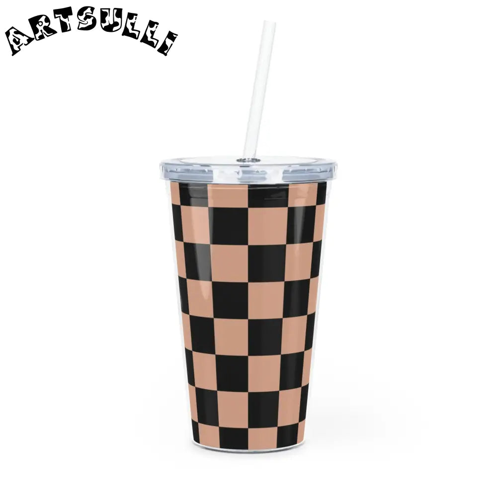 JAKKOUTTHEBXX Checkerboard Soft Orange and Black Plastic Tumbler