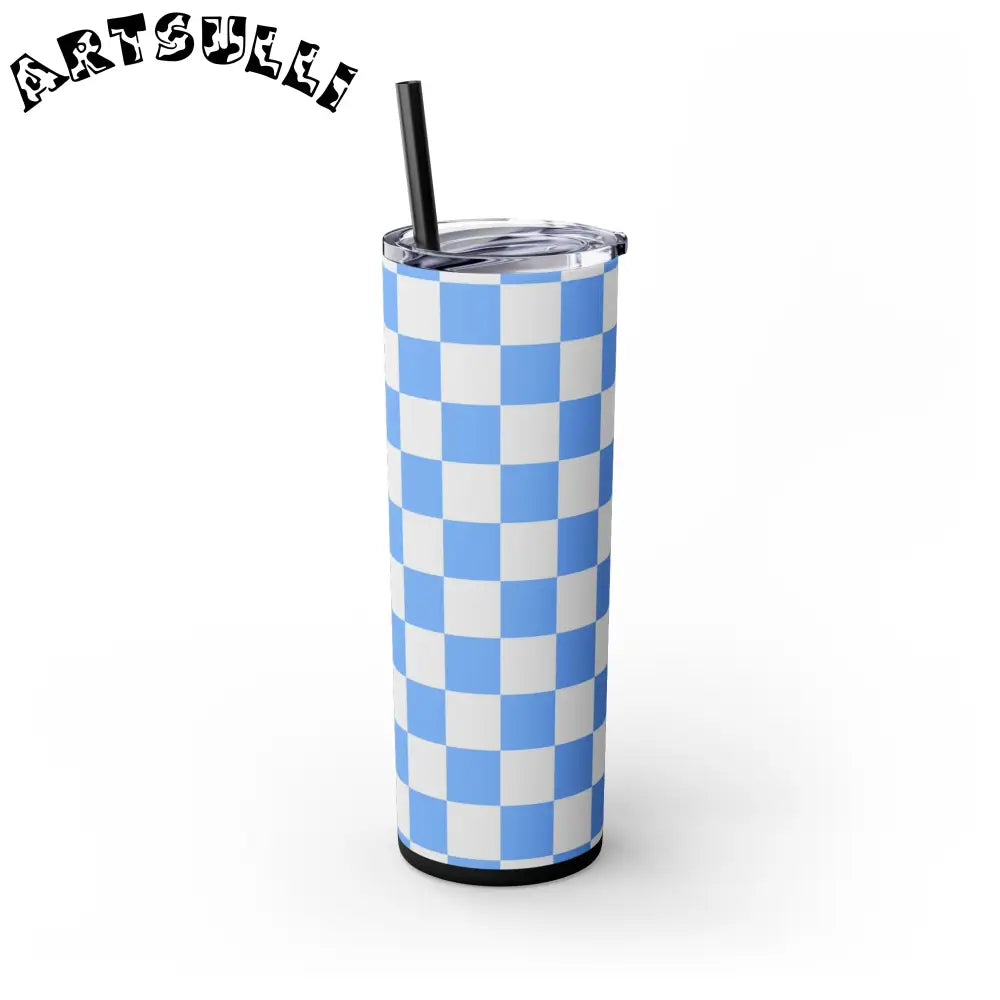 JAKKOUTTHEBXX Checkerboard White and Light Blue Skinny Tumbler