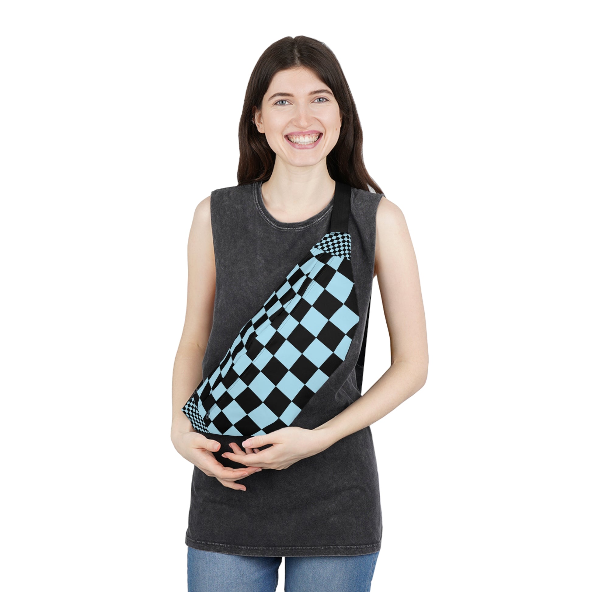 Checkerboard Black and Blue Large Fanny Pack, Artsulli - Art is Long, Life is Short, Bags, , , , , , , 