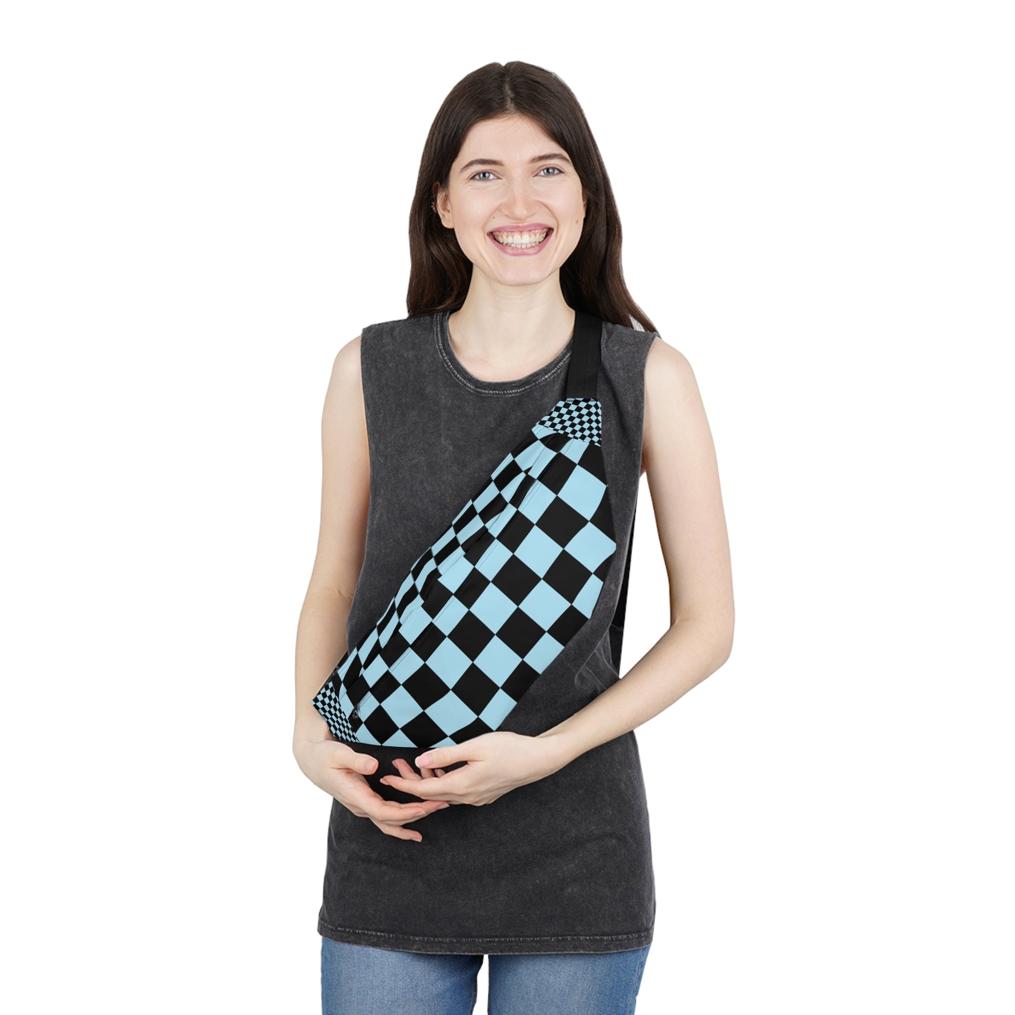 Checkerboard Black and Blue Large Fanny Pack, Artsulli - Art is Long, Life is Short, Bags, , , , , , , 
