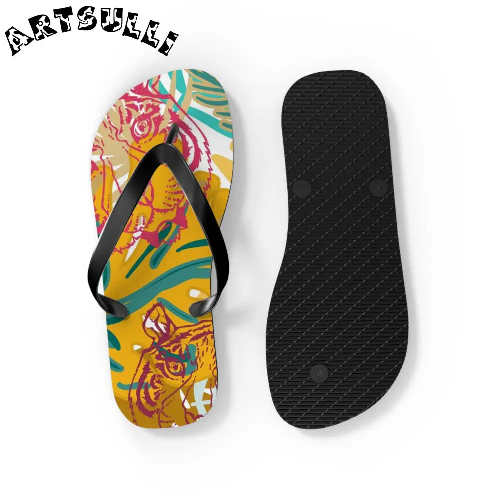 JAKKOUTTHEBXX Tropical Jungle Tigers Brown and Green Flip Flops