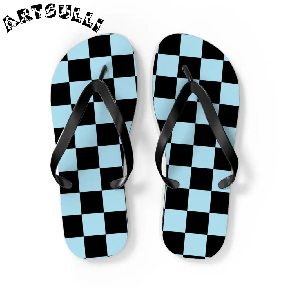 JAKKOUTTHEBXX Checkerboard Black and Blue Flip Flops JAKKOUTTHEBXX