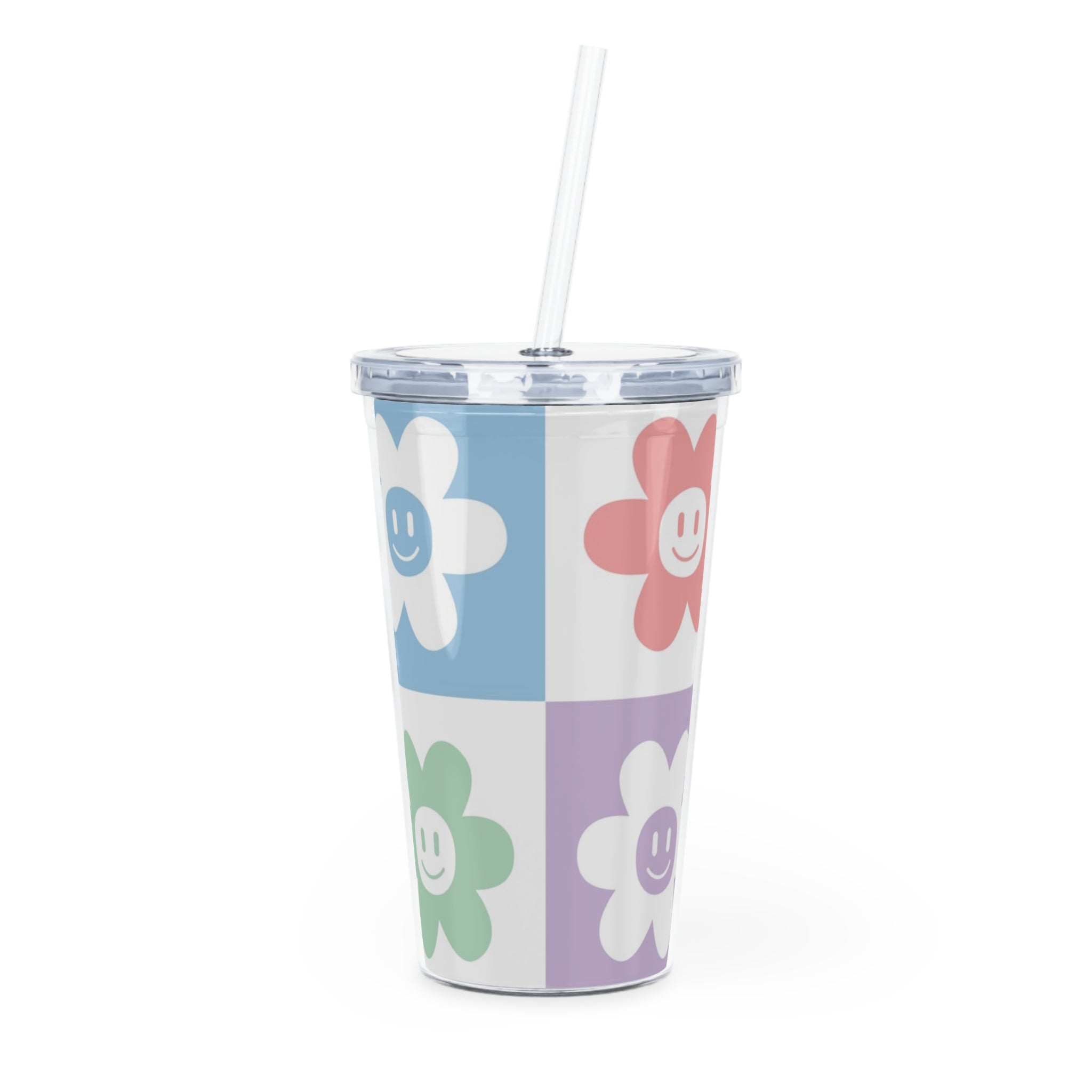 Chessboard x Smiley Face Flowers Multi-Color Plastic Tumbler with Straw, Artsulli - Art is Long, Life is Short, Mug, Size, 20oz, Color, Transparent, , , 29241546813000308466