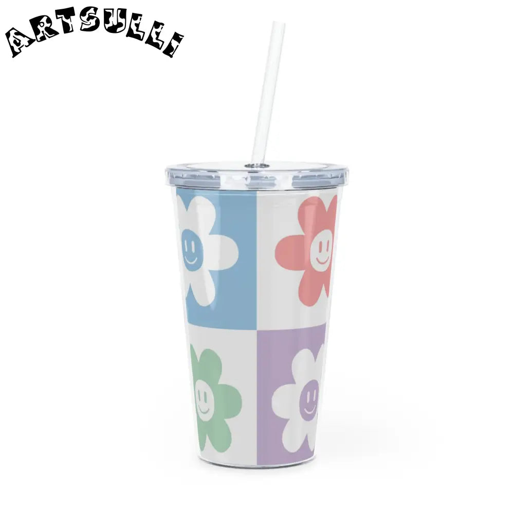 JAKKOUTTHEBXX Checkered Smiley Flower Plastic Tumbler 2025
