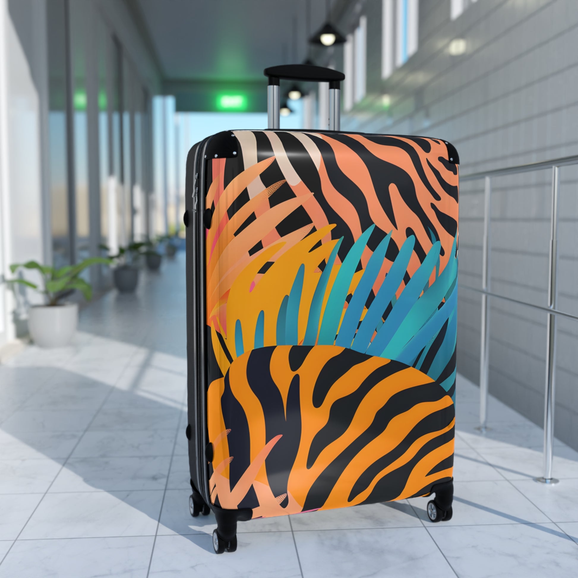 Palm Leaves x Zebra Stripes x Tiger Stripes Orange and Blue Suitcase, Artsulli - Art is Long, Life is Short, Bags, , , , , , , 