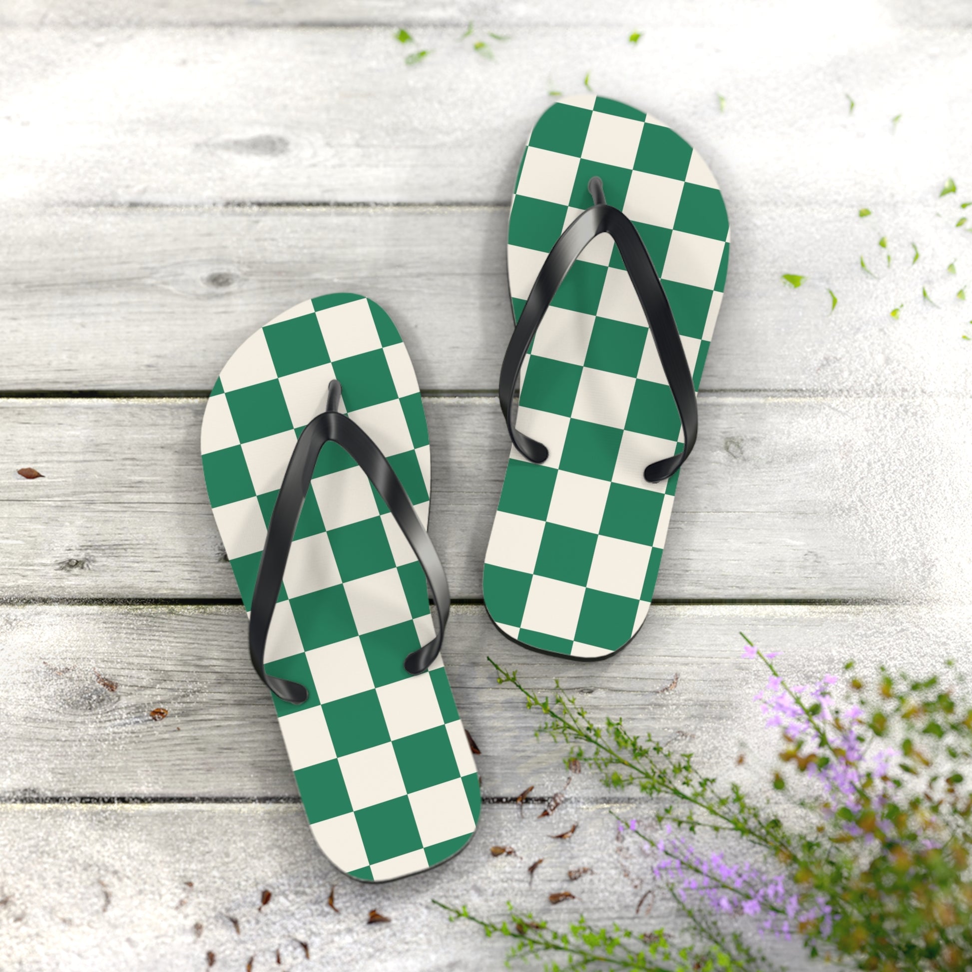 Checkerboard Dark Green Flip Flops, Artsulli - Art is Long, Life is Short, Shoes, , , , , , , 