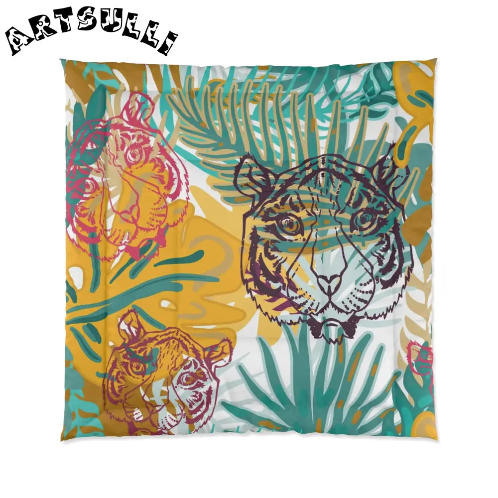 JAKKOUTTHEBXX Tropical Jungle Tigers Brown and Green Comforter