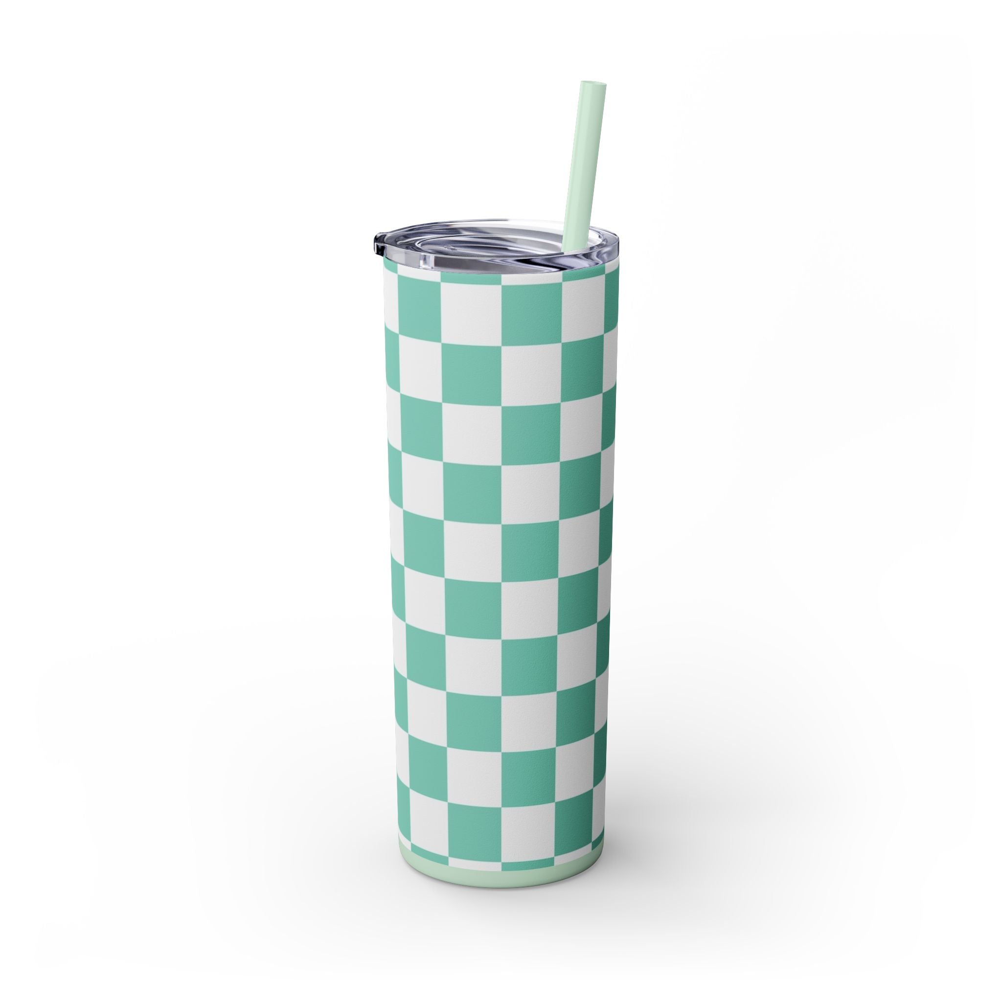 Checkerboard Light Green Skinny Tumbler with Straw, 20oz, Artsulli - Art is Long, Life is Short, Mug, , , , , , , 