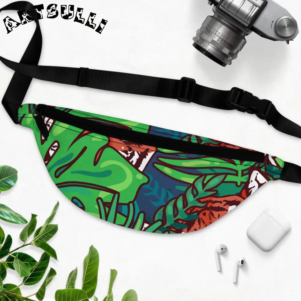 JAKKOUTTHEBXX Tropical Jungle Tigers Blue and Green Fanny Pack