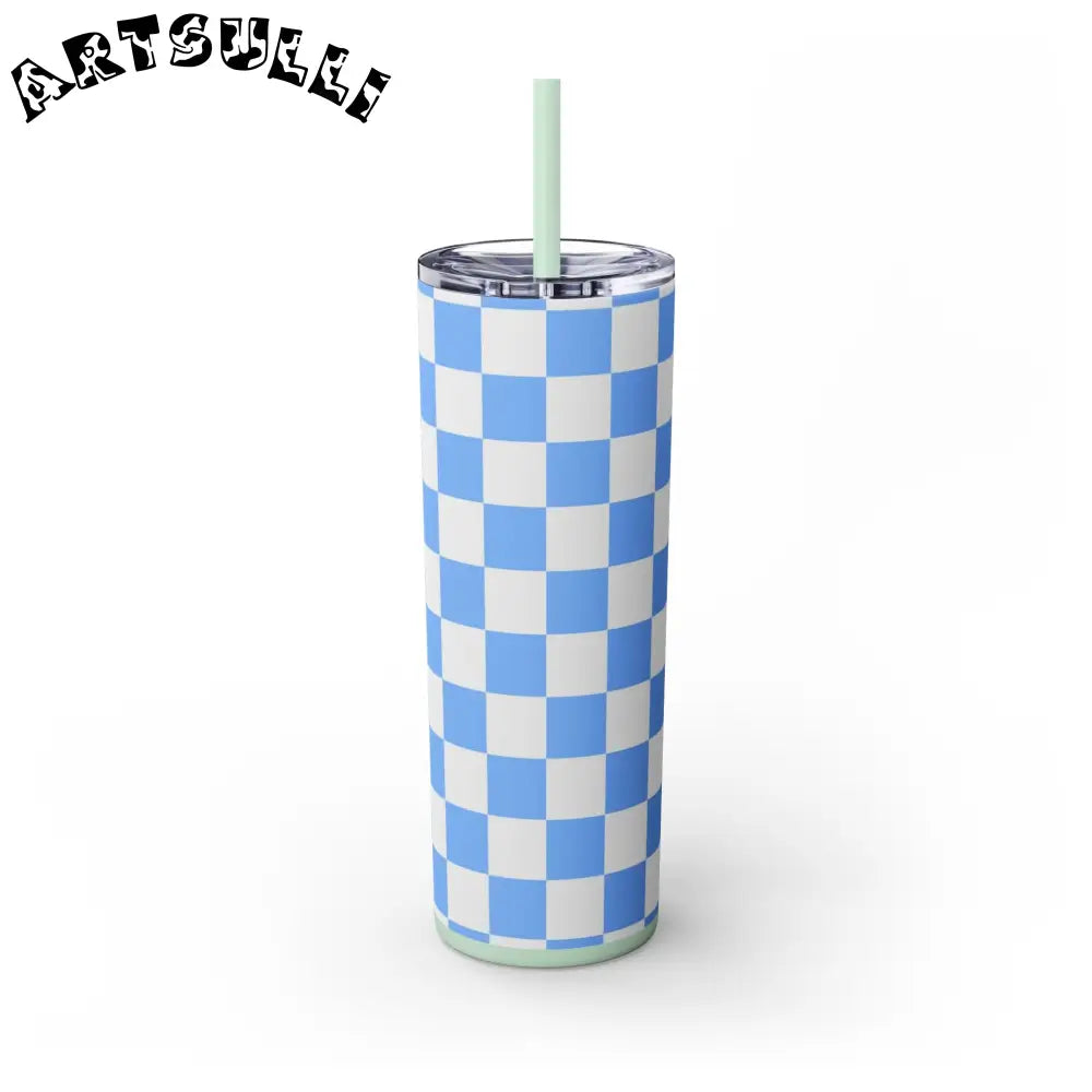 JAKKOUTTHEBXX Checkerboard White and Light Blue Skinny Tumbler