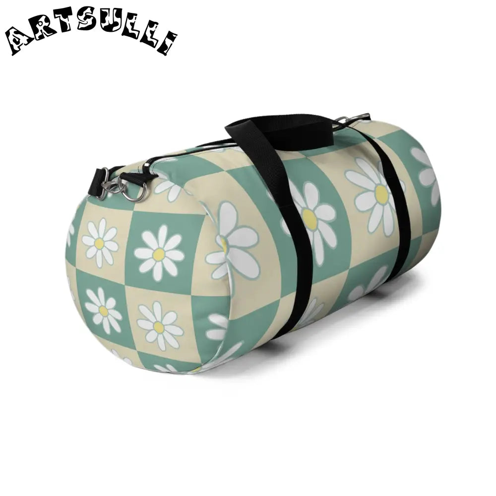 JAKKOUTTHEBXX Retro Daisy Checkerboard Green and Tan Duffel Bag