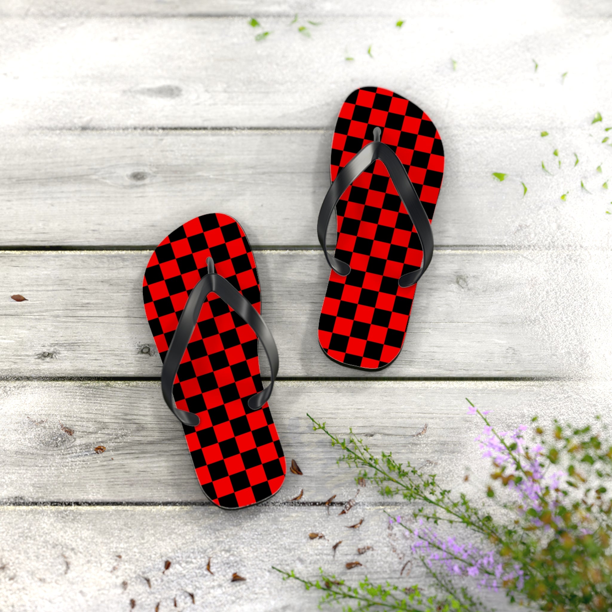 Checkerboard Red and Black Flip Flops, Artsulli - Art is Long, Life is Short, Shoes, , , , , , , 