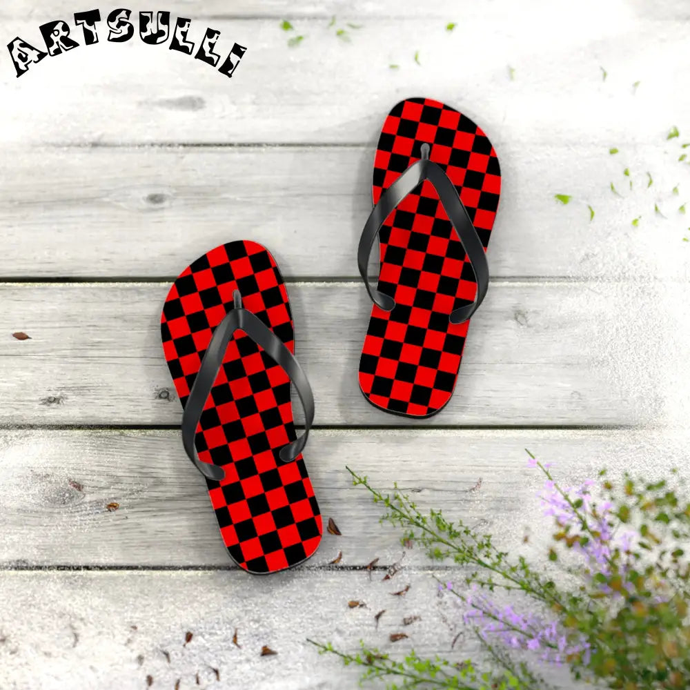 JAKKOUTTHEBXX Checkerboard Red and Black Flip Flops JAKKOUTTHEBXX