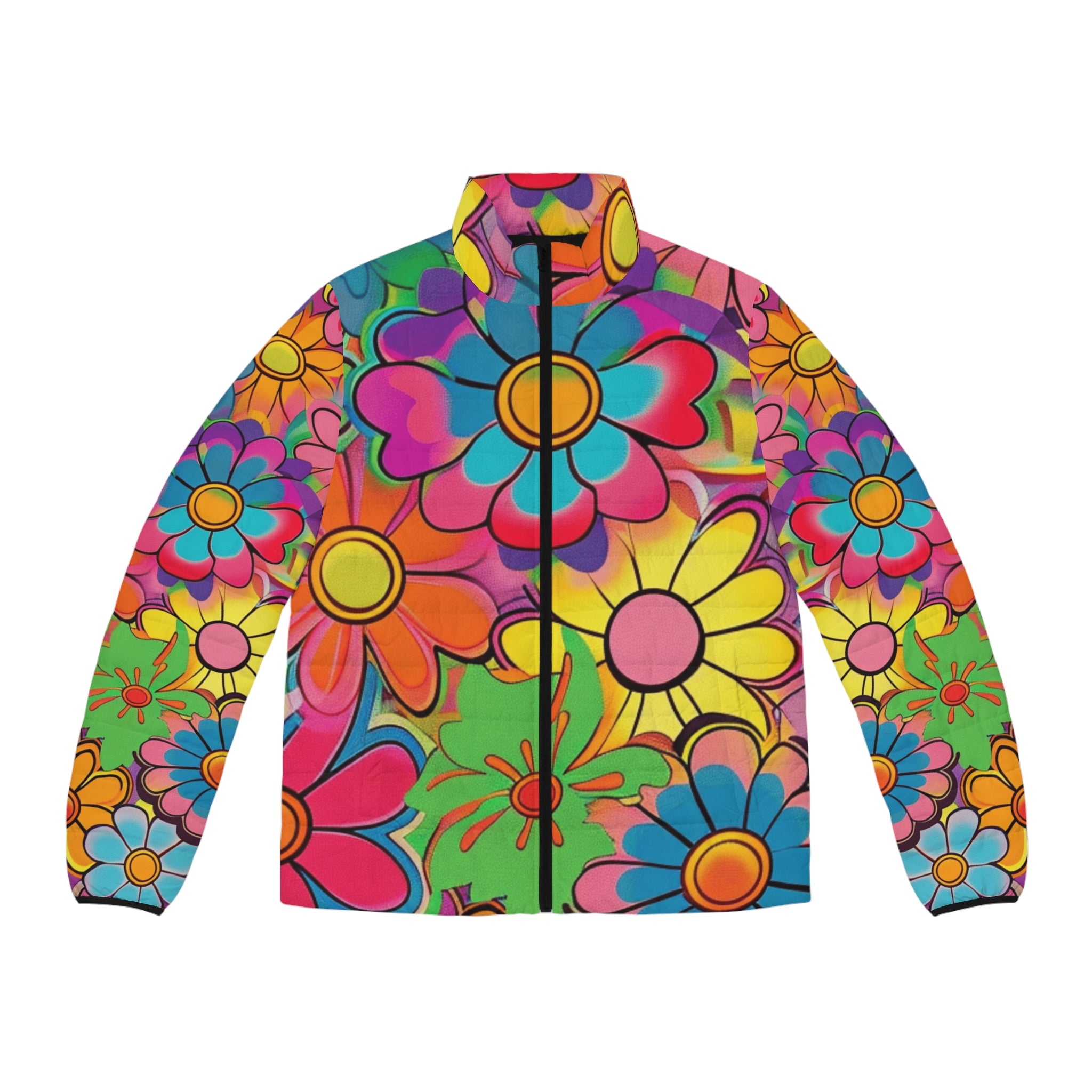 Chromatic Daisy Dream Men's Puffer Jacket (AOP), Artsulli - Art is Long, Life is Short, All Over Prints, Size, S, Color, Black zipper, , , 21625485245222400802