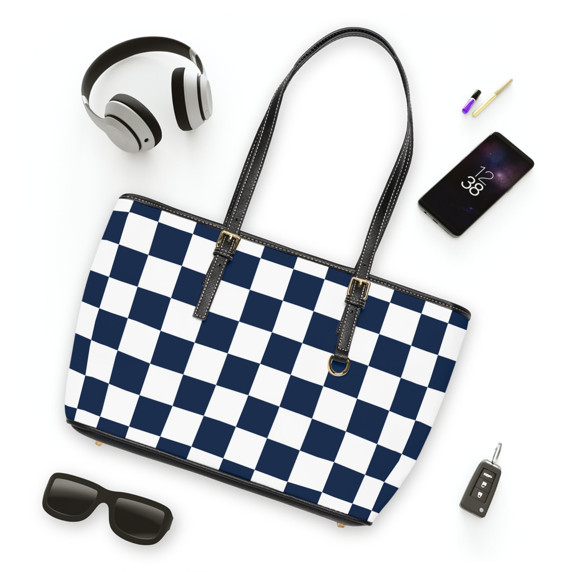Checkerboard White and Navy Blue PU Leather Shoulder Bag, Artsulli - Art is Long, Life is Short, Bags, , , , , , , 