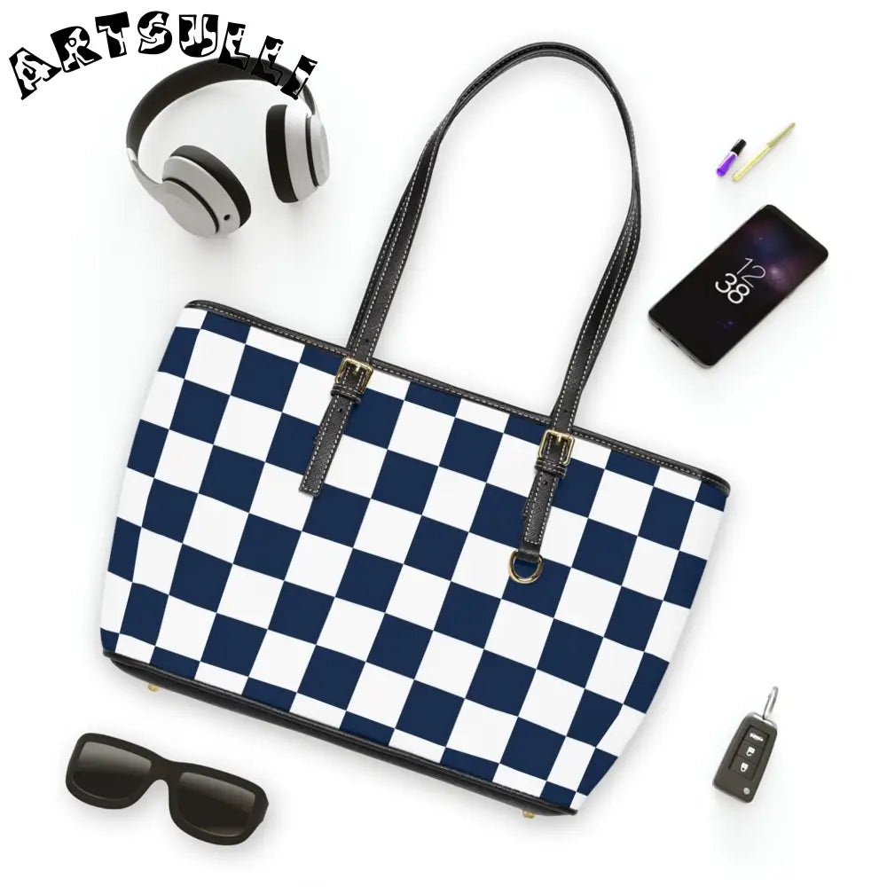 JAKKOUTTHEBXX Checkerboard White and Navy Blue PU Leather Shoulder