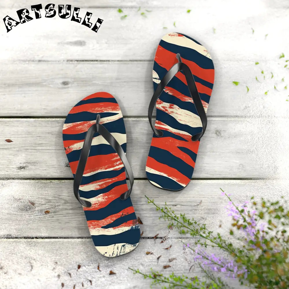 JAKKOUTTHEBXX Red White Blue Abstract Striped Flip Flops
