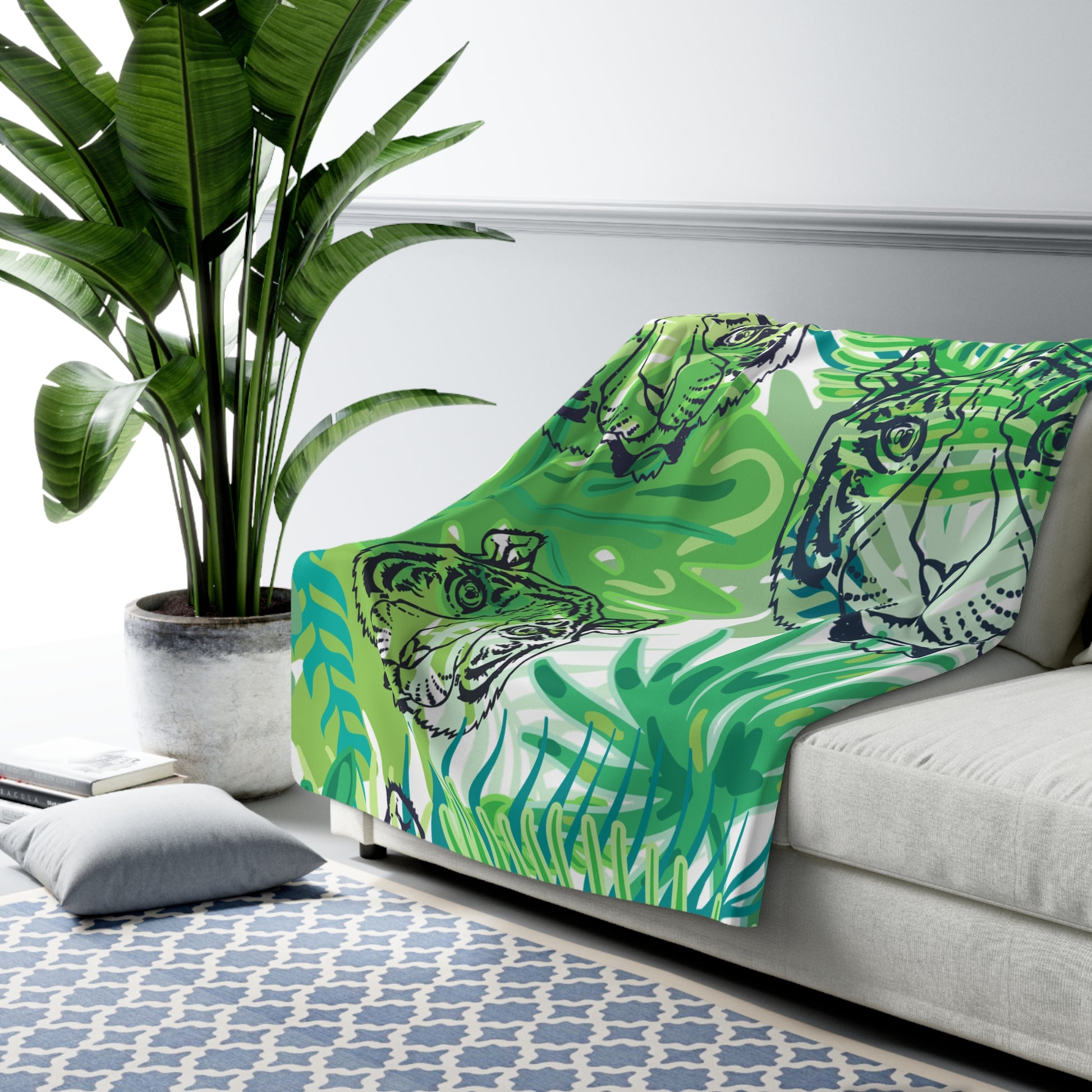 Tropical Jungle Tigers Green Sherpa Fleece Blanket, Artsulli - Art is Long, Life is Short, Home Decor, , , , , , , 